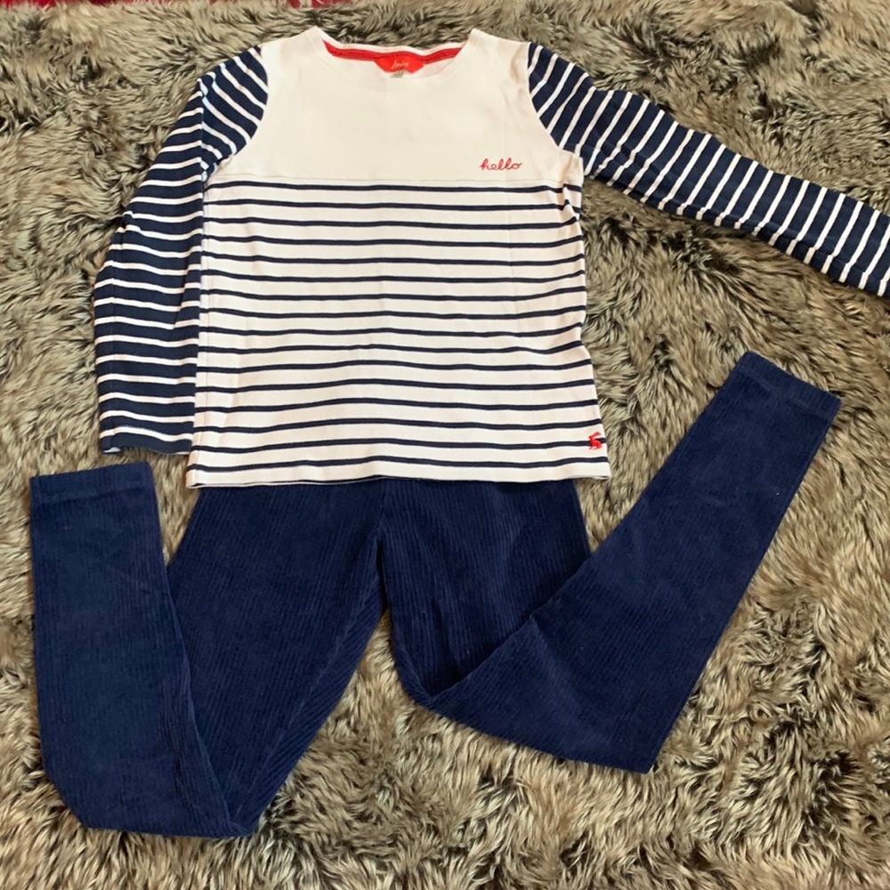 Joules navy and white striped shirt and Hanna Andersson navy ribbed leggings